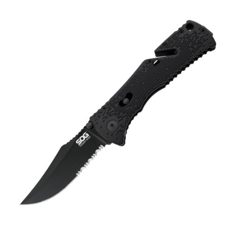 SOG Trident Mini Assisted Folding Knife TF21-CP - Black TiNi 3.15" AUS-8 Partially Serrated Blade, GRN Handle