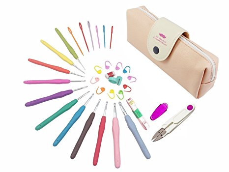 Comecase Ergonomic Precise Crochet Hooks 31pcs Kits with 11 Aluminum Crochet Hooks and All the Accessories Needed in 1 PU Leather Convenient Carrying Case