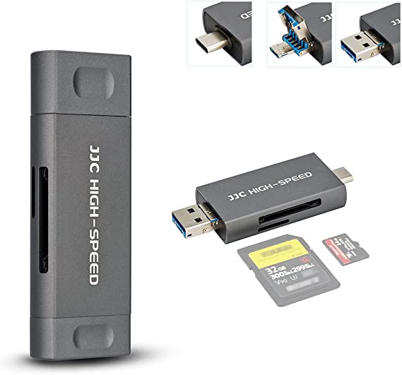 JJC Metal SD Card Reader, USB 3.1 Micro USB 2.0 Type-C 3.1 Easy Card Reader USB OTG Adapter for UHS-II UHS-I SD SDHC SDXC Micro SD Micro SDHC Micro SDXC Memory Cards (Gray)