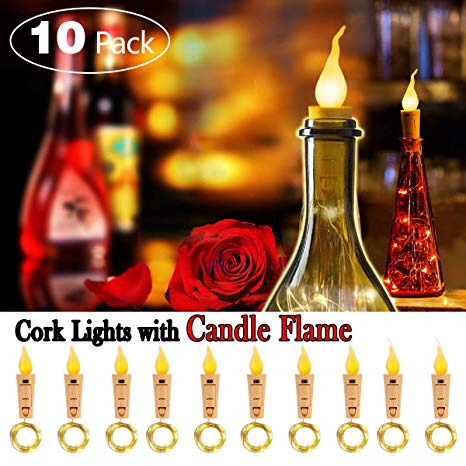 SUPERNIGHT Wine Bottle Lights with Cork - 10 Packs Warm White Battery Operated 6.6ft 20 LED String Lights with Candle Flame Starry Fairy Lights for Party,Christmas,Halloween,Wedding,Indoor Decoration