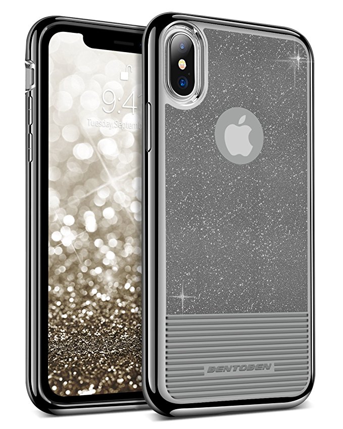 iPhone X Case, BENTOBEN Clear Black Glitter Bling Soft TPU Cover Shockproof 2 in1 Hybrid PC Slim [Support Wireless Charging] Protective Phone Case for iPhone X/10 2017 (5.8 inch), Black