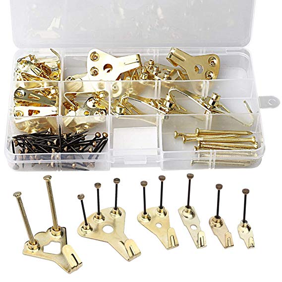 Siming 130 Pieces Picture Hooks, Heavy Duty Picture Hangers, Picture Frame Wall Nails, Wall Picture Hanging Kit With Nails Holds 10-100 lbs for Wall Mounting, Golden