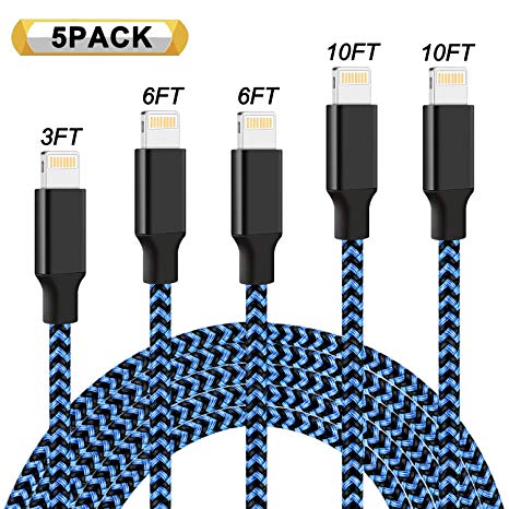 Aonsen MFi Certified Lightning Cable 5Pack 2x3FT 2x6FT 10FT Extra Long Nylon Braided USB Fast Charging& Syncing Cord Compatible iPhone Charger Xs MAX XR X 8 8 Plus 7 7 Plus 6s Plus 6 Plus Black&Blue