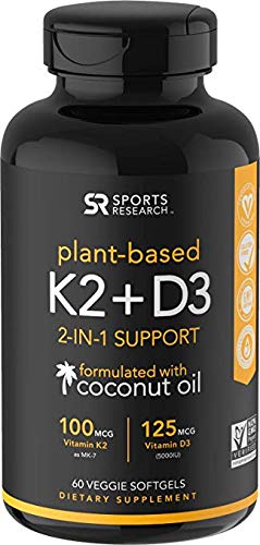 Vitamin K2   D3 with Organic Coconut Oil for better absorption | 2-in-1 Support for your Heart, Bones & Teeth | Vegan Certified, GMO & Gluten Free (60 Veggie Gels)