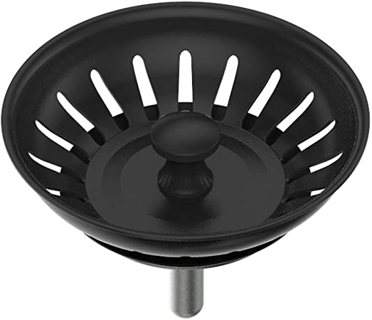 Kitchen Sink Basket Strainer Replacement for Standard Drains (3-1/2 Inch) Stainless Steel Body With Rubber Stopper (Single, Matte Black)
