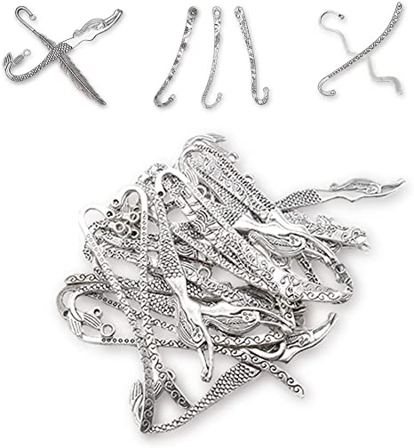 HOSTK 40pc/10pc Silver Metal Bookmark Hairpin Hook Carved Antique Vintage with Pendant Jewellery Making Mermaid Souvenirs Plain Embossed (40pcs)