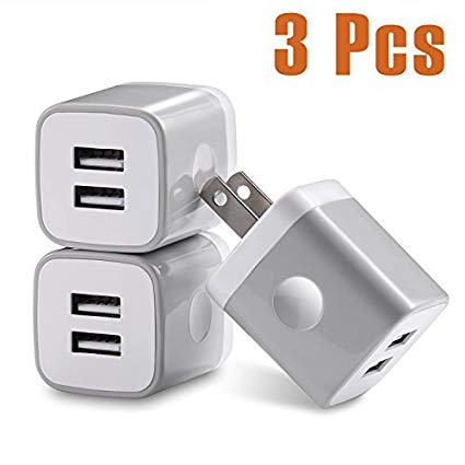 USINFLY Dual USB Wall Charger, 3-Pack 2.1A USB Plug Power Adapter Charging Block Cube for iPhone X 8 7 7 Plus 6 6S Plus 5S, iPad, iPod, Samsung Galaxy S5/S6/S7 Edge, LG, Moto, Android Phone (Grey)