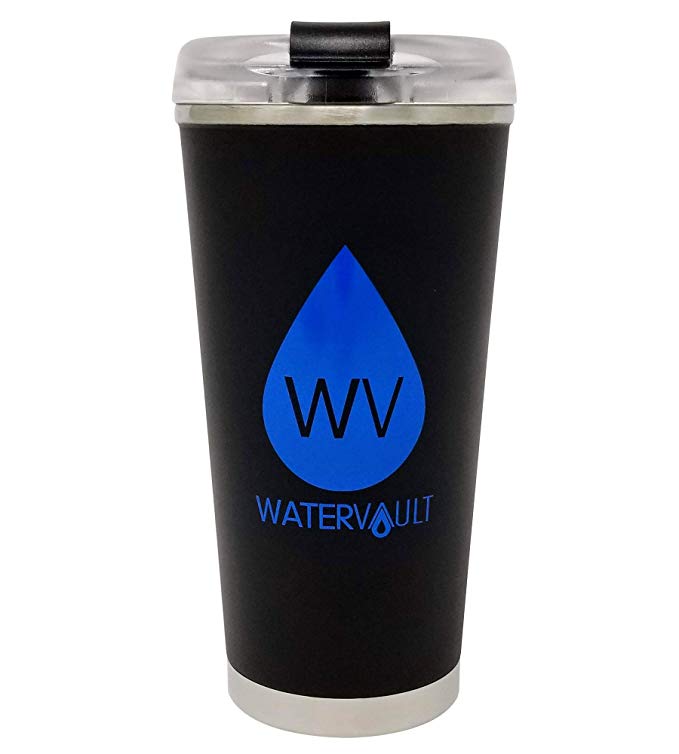 WaterVault Stainless Steel Tumbler with Straw and Leak Proof Lid - Vacuum Insulated Travel Mug Keeps Hot 12 Hours, Cold 24 Hours - 16 oz Matte Black