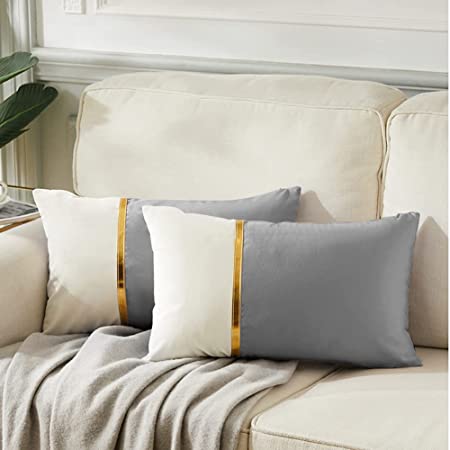 Fancy Homi 2 Packs Decorative Throw Pillow Covers 12x20 Inch for Living Room Couch Bed, Grey and White Velvet Patchwork with Gold Leather, Luxury Modern Home Decor, Lumbar Cushion Case 30x50 cm