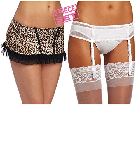 Felina Women's Sexy Lace Garter Belt and Cheetah Skirt Package