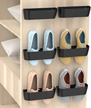 Yocice Wall Mounted Shoes Rack 6Pack with Sticky Hanging Strips, Plastic Shoes Holder Storage Organizer,Door Shoe Hangers (SM03-Black-6)