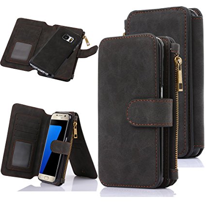 Galaxy S7 Case, S7 Case, CaseUp 12 Card Slot Series - [Zipper Cash Storage] Premium Flip PU Leather Wallet Case Cover With Detachable Magnetic Hard Case For Samsung Galaxy S7, Black