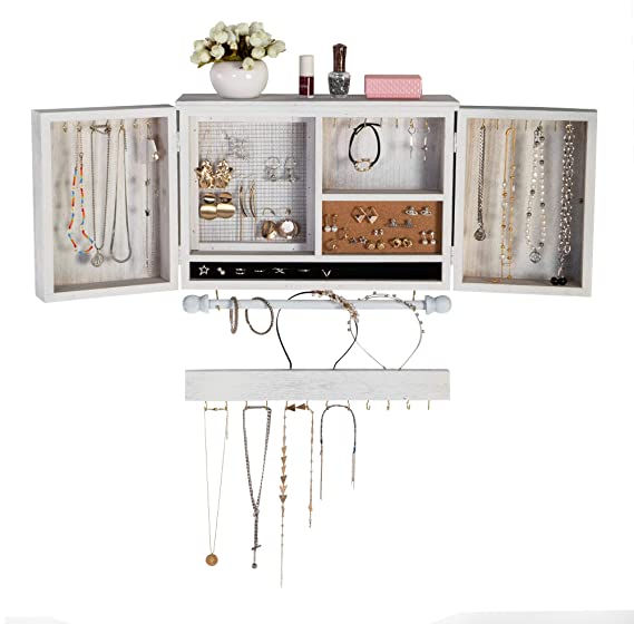 Rustic Wall Mounted Jewelry Organizer Wooden Cabinet with Barndoor Decor, Jewelry Holder for Necklaces, Earrings, Bracelets, Ring Slots, Accessories. Includes Hook Organizer (White)