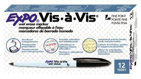Expo Vis-A-Vis Wet-Erase Overhead Transparency Markers, Black, Fine Point, 2 Dozen