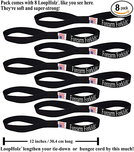 Forearm Forklift FFLH128 LoopHolz Soft Loop Straps for Motorcycles, UTV's, Quads, Generators and Other Equipment for Lengthening Tie-Downs and Bungee Cords | 12-inch, Pack of 8, Black