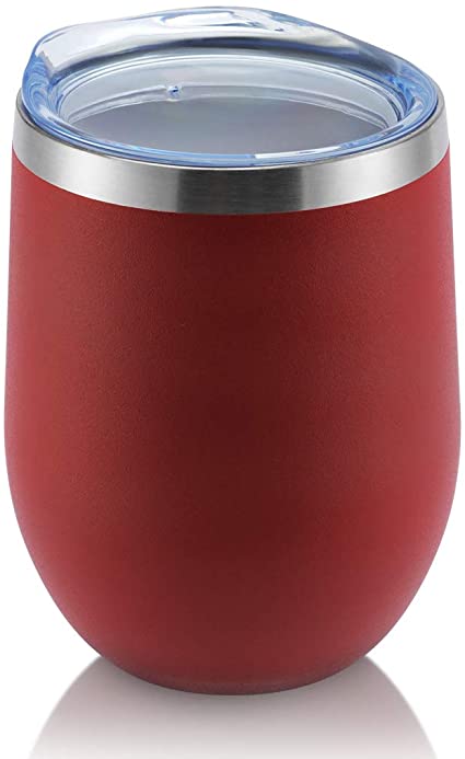 DOMICARE Insulated Wine Tumbler with Lid (1 Pack, Red) - 12 OZ Stemless Double Wall Vacuum Traval Mug - Keeping Cold & Hot for Wine, Coffee, Cocktails, Drinks