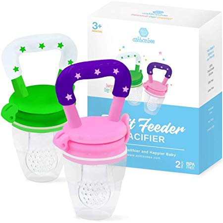 Baby Fruit Feeder Pacifier (2 Pack) - Fresh Food Feeder, Infant Fruit Teething Toy, Silicone Pouches for Toddlers & Kids by Ashtonbee