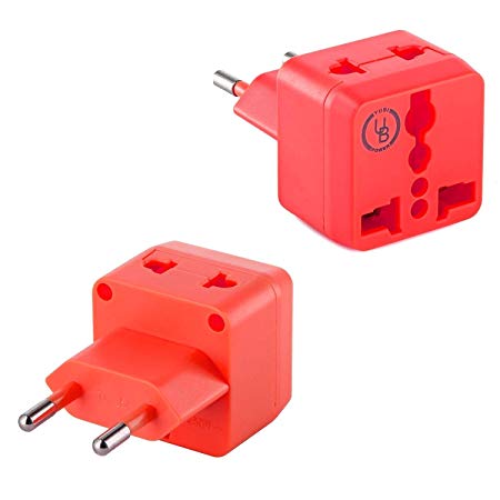 European Plug Adapter by Yubi Power 2 in 1 Universal Travel Adapter with 2 Universal Outlets - 2 Pack - Red - Type C for Europe, France, Germany, Russia, Spain & More.