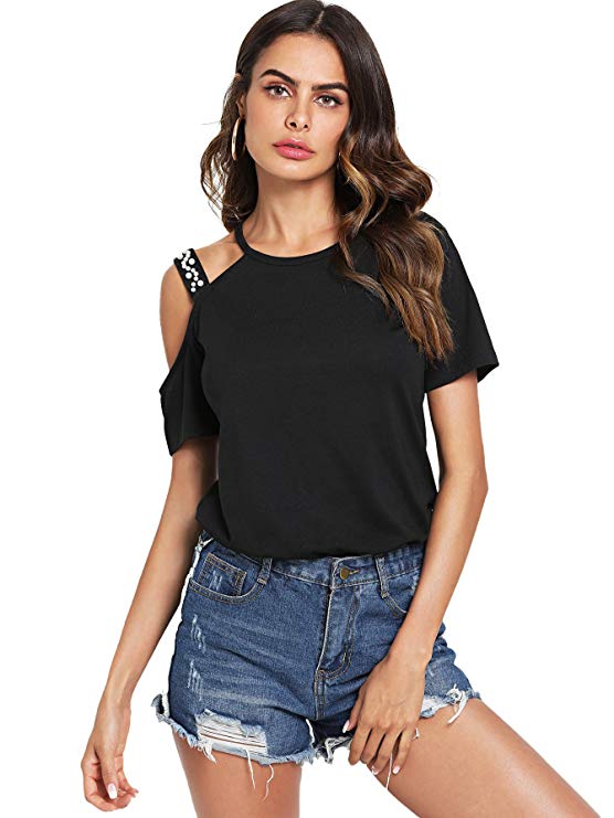 DIDK Women's Pearl Beading Strappy Shoulder T-Shirt