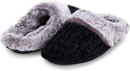 Womens Indoor/Outdoor Soft Cuff Chenille Knit Plush Two Tone Fur Clog Slipper W/Memory Foam (333)