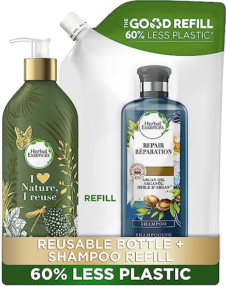 Herbal Essences Repair Argan Oil Shampoo for Damaged Hair in Refillable Aluminium Shampoo Bottle with Pump Dispenser and Refill Pouch, Sustainable Gift Set with 60% Less Plastic, 910 ml