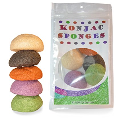 Konjac Sponge Set: Organic Skincare Facial for Natural Exfoliating and Deep Pore Cleansing 5 Piece Sampler Pack Infused with Charcoal, Red Clay, Tumeric, Green Tea by Konjac Lydia