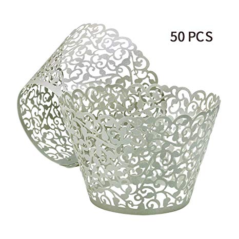 Gospire 50 pcs Pearl Lace Filigree Wedding Cupcake Wrapper Baking Cake Cups Wraps Party Decoration Laser Cut Silver Gray