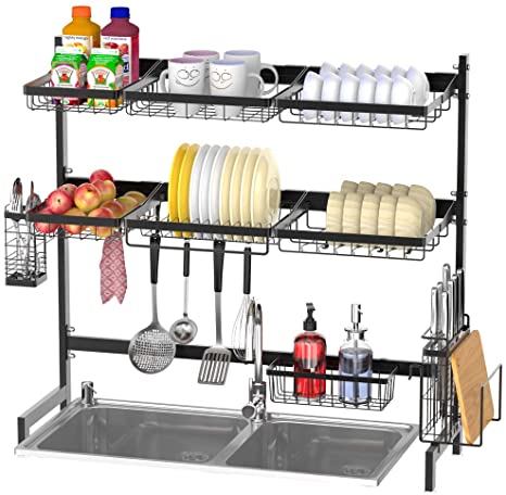 Over the Sink Dish Drying Rack, Packism 2 Tier Large Stainless Steel Dish Drying Rack for Kitchen Counter, Dish Drainer Shelf with Utensils Holder, Black