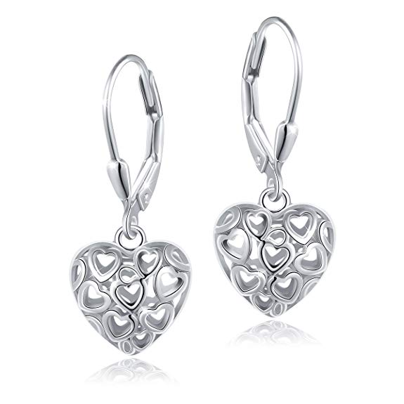 S925 Sterling Silver Stud Dangle Drop Heart Earrings for Women Girl