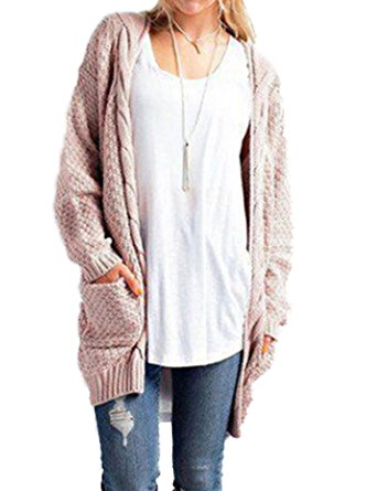Tobrief Women's Long Sleeve Chunky Cable Knit Open Front Cardigan Sweaters Outwear With Pockets