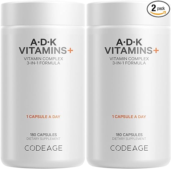 Codeage ADK Vitamin Supplement, Vitamin A, Vitamin D3 5000 IU Cholecalciferol, Vitamin K1 & K2 (MK4 & MK7), 6-Month Supply, Only One Daily Pill, Helps Support Immune Health, Bone & Heart, 2 Pack