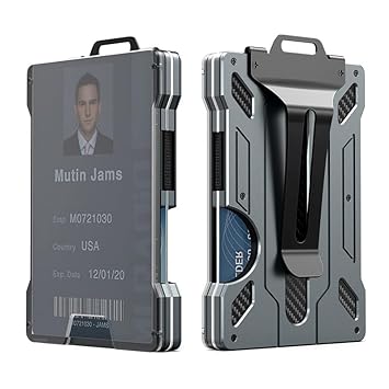 Auslese® Wallet ID Badge Card Holder Aluminum Metal Wallet Case Clear Window RFID Blocking Credit Card Holder with Metal Clip and 15 Cards Capacity (Grey)