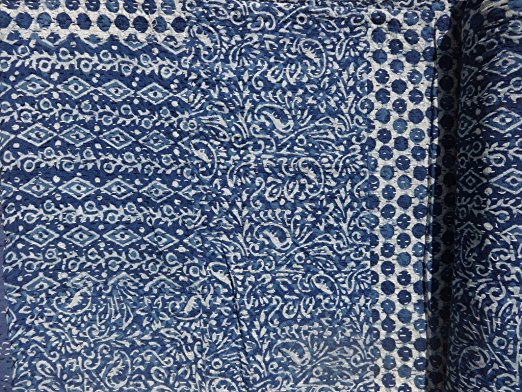 "Marubhumi" Hand Block Printed Kantha Quilt, Queen Size Patchwork Cotton Bedspread (Blue)
