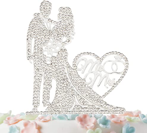 Mr and Mrs Cake Topper Rhinestone Crystal Metal Love Wedding Cake Topper Funny Bride and Groom Cake Topper Silver