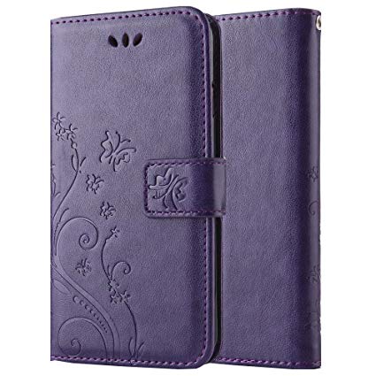 For Samsung Galaxy S7 Case,Magnetic PU Leather Flip Wallet Case,Butterfly Flower Pattern Stand Card Slot Case For Samsung Galaxy S7 - Purple