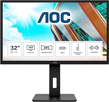 AOC Q32P2CA - 32 Zoll QHD USB-C Docking Monitor, höhenverstellbar (2560x1440, 75 Hz, HDMI, DisplayPort, USB-C, USB Hub) schwarz