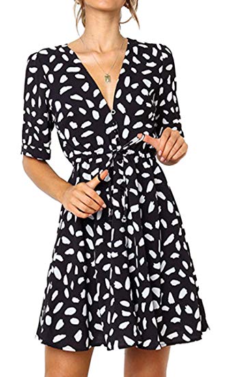 Angashion Women's Dresses - Button Deep V Neck Floral Printed Short Sleeve Drawstring Tie Waist Mini Dress