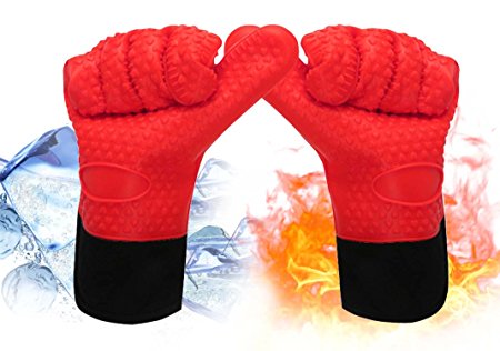 Zuozee Oven Mitts Heat Resistant with Fingers - BBQ Grilling Cooking Gloves Kitchen - Silicone Mitts with Cotton Liner - for Baking, Barbebue Potholder, Gardening - Red - 1 Pair (Extra Long,14.7 Inch)
