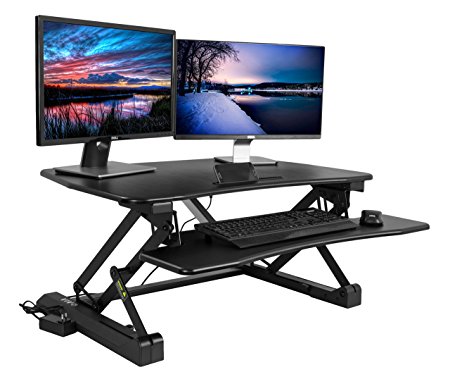 VIVO Electric Height Adjustable Standing Desk Sit to Stand Gas Spring Riser Converter | 36" Tabletop Black Workstation fits Dual Monitor (DESK-V000EB)