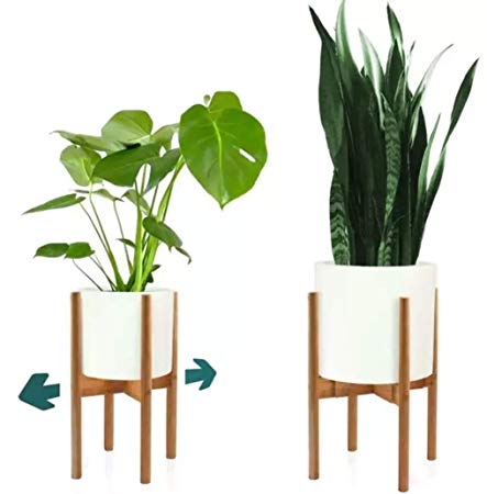 Mid Century Modern Plant Stand – Bamboo Wood Plant Stand Indoor – 8.5” to 12” Inch Adjustable Plant Stand (Planter Stand ONLY) (Natural Bamboo)