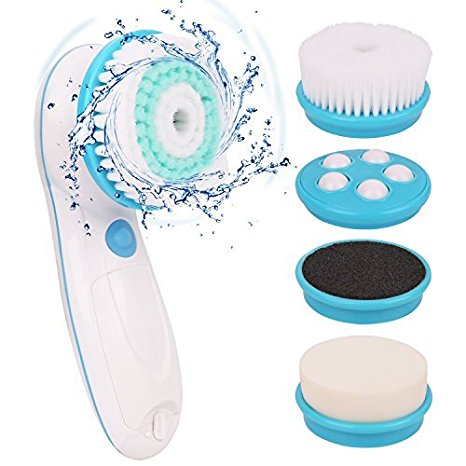 6 in 1 Waterproof Electric Facial & Body Cleansing Brush with 2 Speeds Setting for Skin Care, Include Detachable Handle & 5 Brush Head (Blue1)