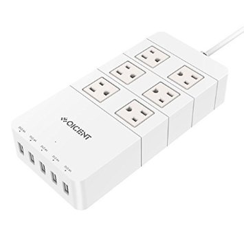 QICENT 6-outlet Surge Protector Power Strip With 5 Port USB Charging Station - 5V24A - 49 ft 10A Cord for iPhone iPad Samsung Galaxy S6S6 Edge - White