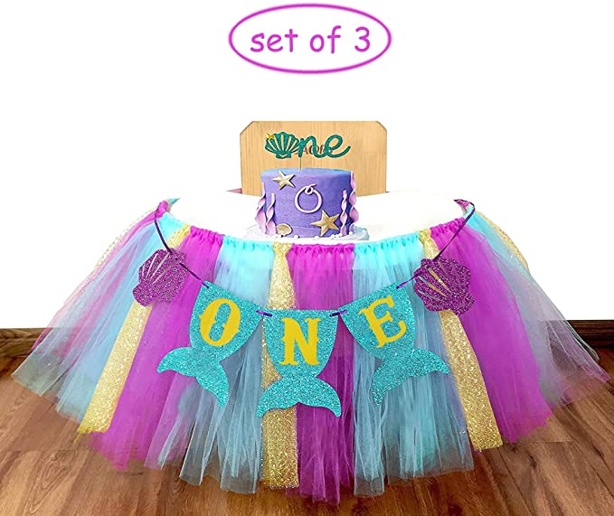 E&L 3 in 1 Mermaid Themed High Chair Decorations Set, High Chair Tutu (Purple, Blue & Gold), & Mermaid One Pennant Banner & Mermaid Cake Topper -One- for Baby Girl/Boy First Birthday Decorations