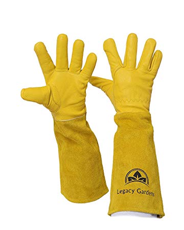 Legacy Gardens Leather Gardening Gloves for Women and Men | Thorn and Cut Proof Garden Work Gloves with Long Heavy Duty Gauntlet | Suitable for Thorny Bushes Cacti Rose Pruning - Large Yellow