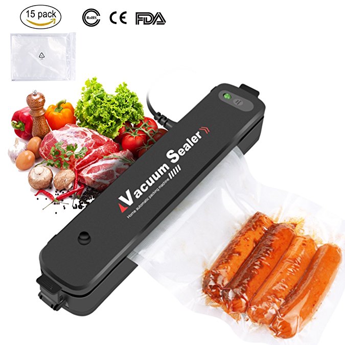 Vacuum Sealer, Automatic Vacuum Air Sealing Machine System for Home Kitchen Food Sous Vide Cooking Packing Preservation and Storage Saver with 15pcs Starter Sealer Bags