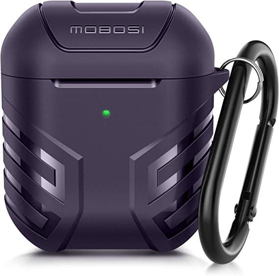 MOBOSI Military AirPods Case Cover Designed for AirPods 2 & 1, Full-Body Protective Vanguard Armor Series AirPod Case with Keychain for AirPods Wireless Charging Case, Deep Purple [Front LED Visible]