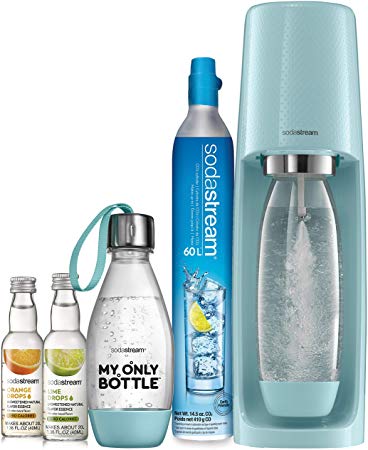 SodaStream Fizzi Sparkling Water Machine Bundle (Icy Blue), with CO2, 1/2 Liter BPA-Free My Only Bottle, and 0 Calorie Fruit Drops Flavors