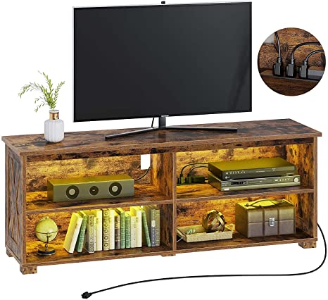 Rolanstar TV Stand with Power Outlet & LED Lights, 51" TV Cabinet for TV up to 60 Inches, Entertainment Center with Shelves & Cable Management, TV Console for Living Room Bedroom, Rustic Brown