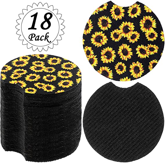 Boao 18 Pieces Sunflower Car Coasters Cup Holder Sunflower Patterned Neoprene Car Cup Coasters for Car Accessories to Keep Cup Holders Clean