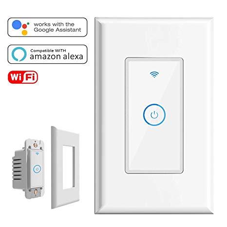 Smart Light Switch,Wi-Fi Switch In-wall Wireless Switch Compatible With Amazon Alexa,Remote Control Your Fixtures From Anywhere,Timing Function,Overload Protection,No Hub Required [Neutral Wire Required] (1 Gang)